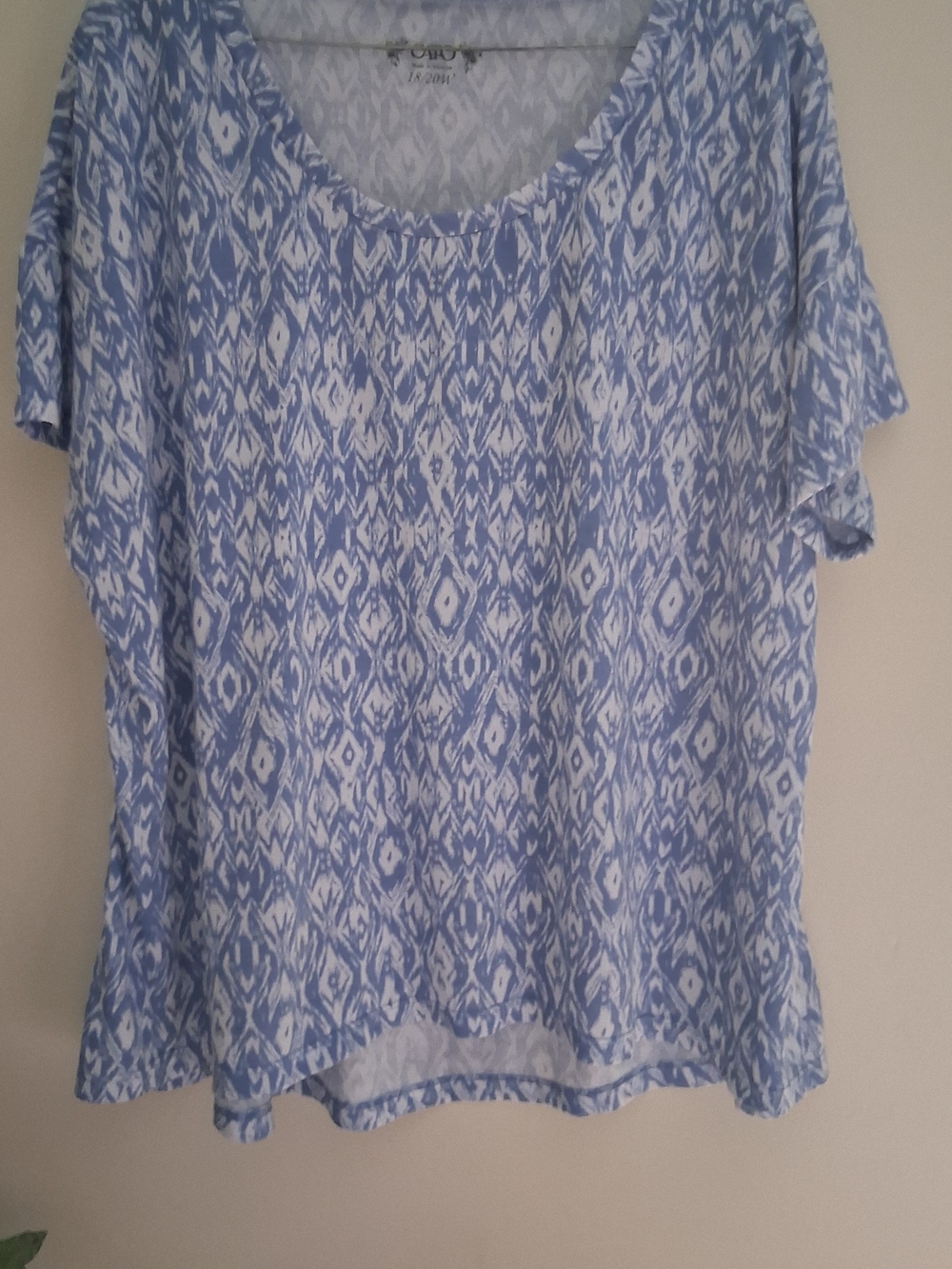 Cato Light Blue and White Ikat-Pattern Short Sleeve Top